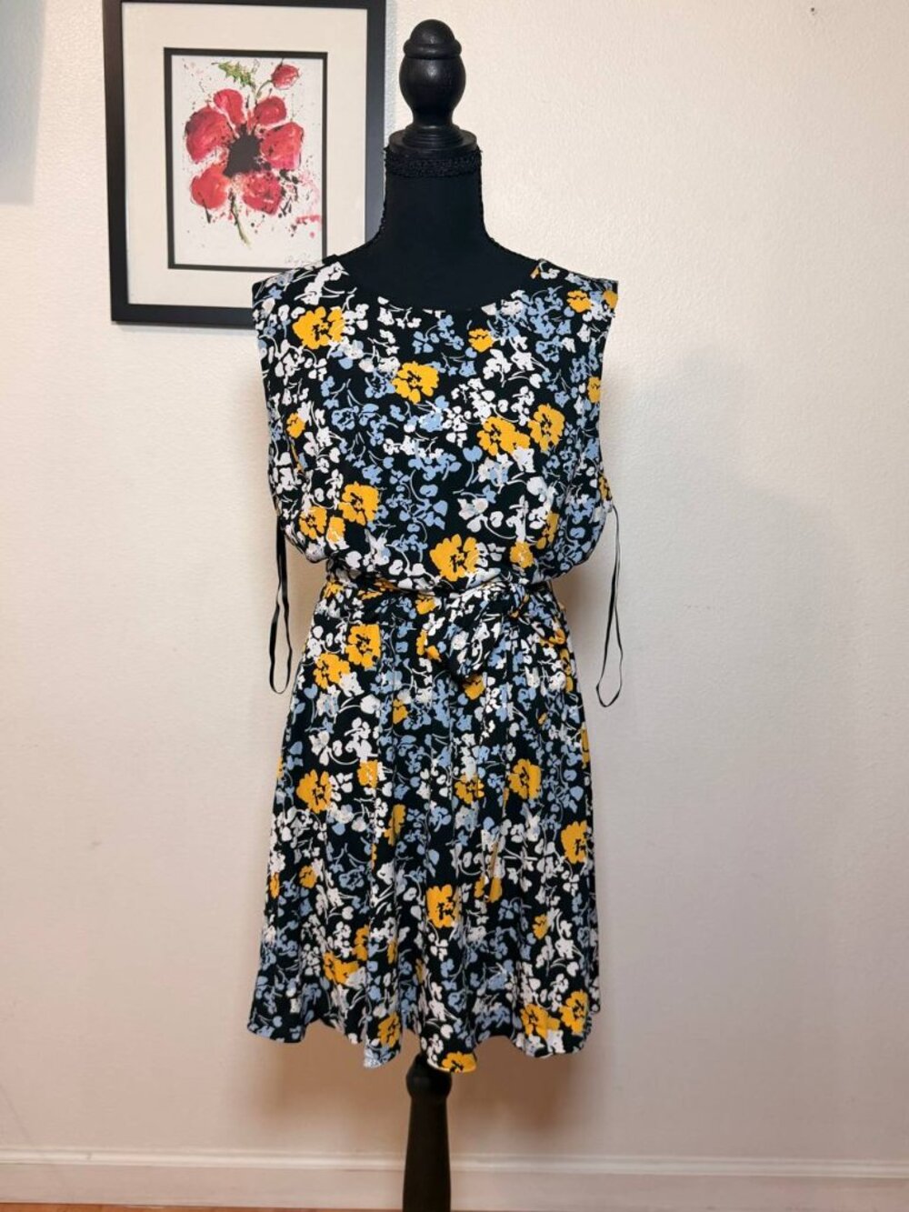 Charter Club Black Floral Tie Waist Sleeveless Dress Fit Flare Sz XL